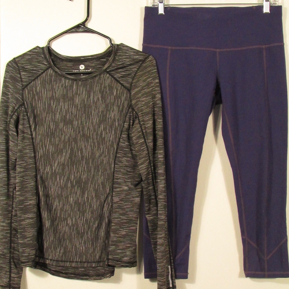 Prana Purple Capri Leggings & Black Striped Active Top